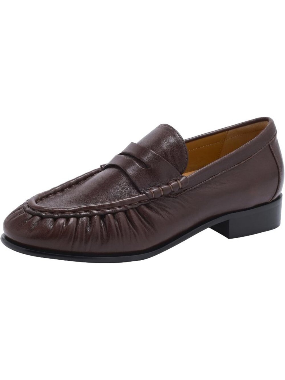 Women's Brown Leather Ruched Toe Comfortable Low Block Heels Loafers & Slip-On